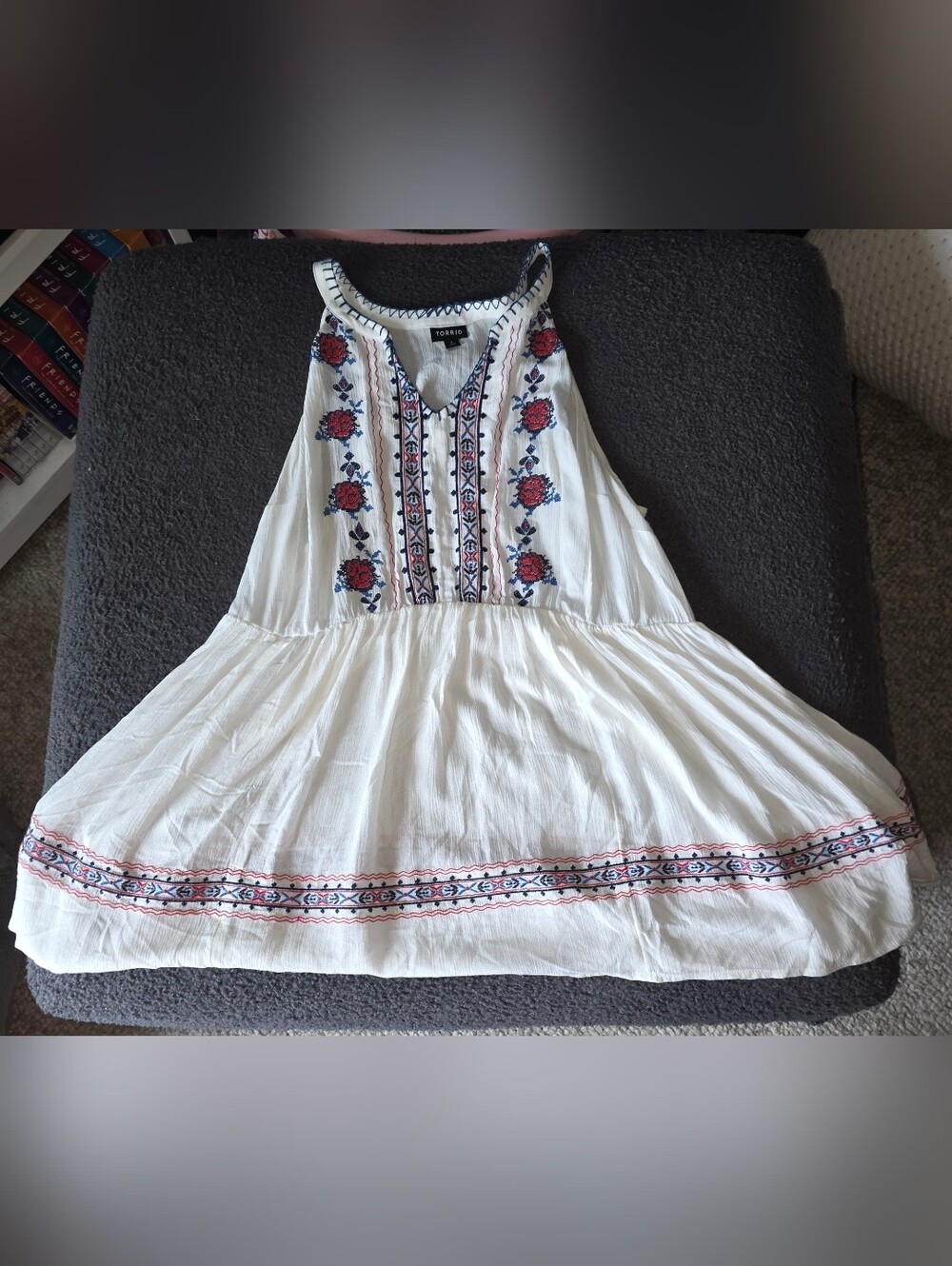 torrid White Halter Mini Dress with Red & Navy Embroidery